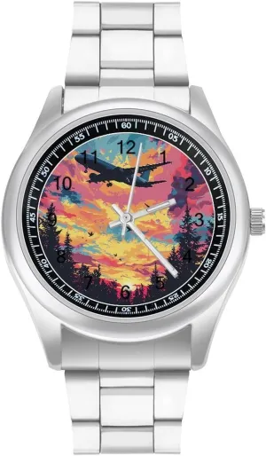 Band Watch Airplane Sunset Unisex Wrist Watches Metal Watch Band Business Watch Simple grain fluidity rule Steel 