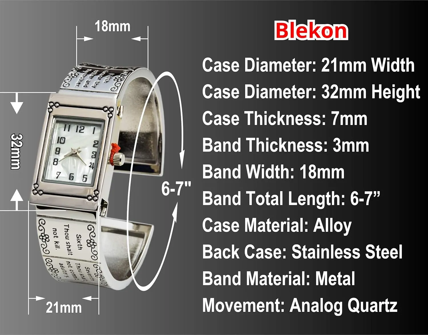 Bangle Watch Blekon Collections feed acquaint encrust magnify highlight Analog Quartz Women's 21mm Case Ten Commandments Cuff 