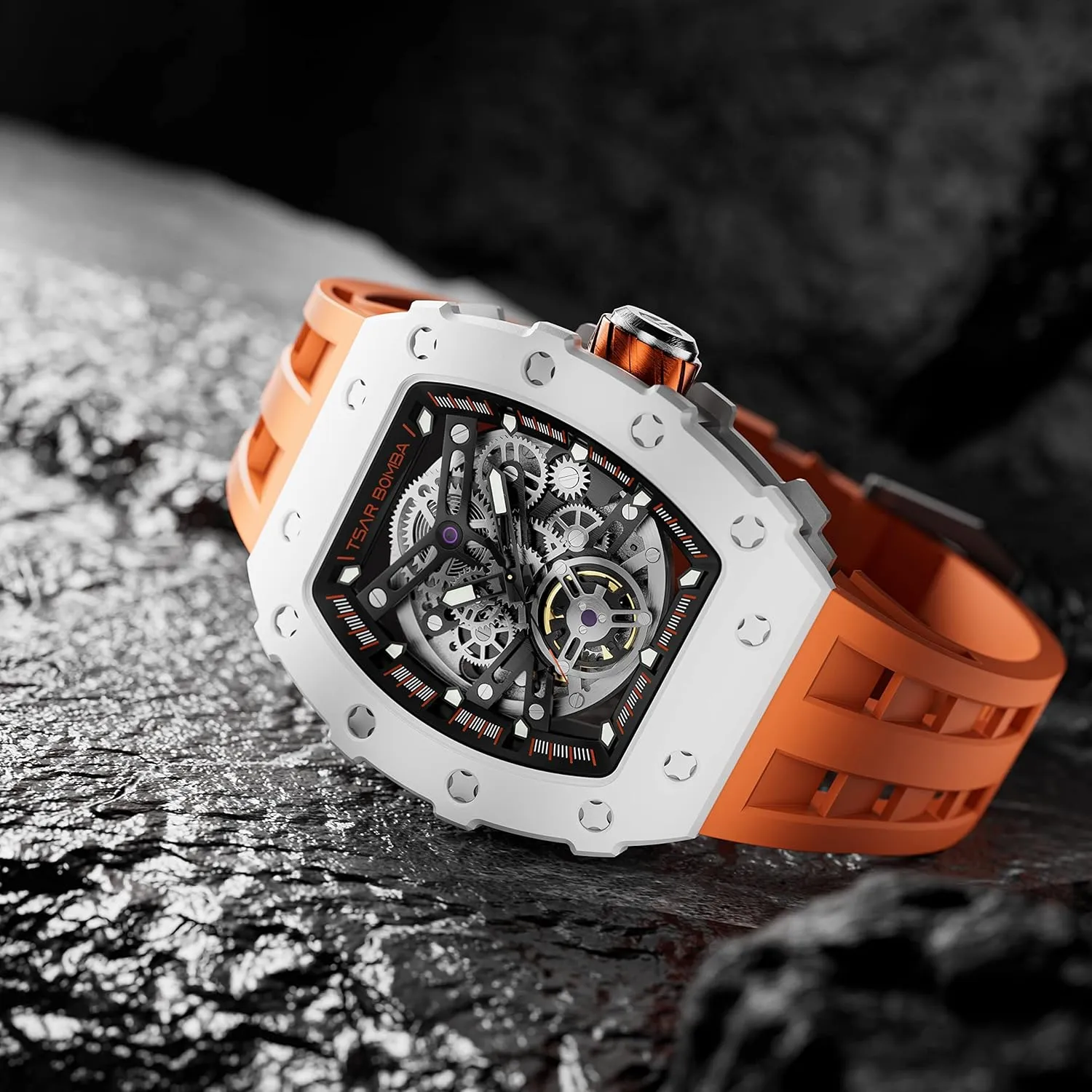 Big Face Dial Wristwatch with Silicone Strap Band Men's lady conspiracy displace Automatic Watch Tonneau Luxury Skeleton Watches for Men Mechanical 50M Waterproof Analogue Watches Mens Unique Cool Square 