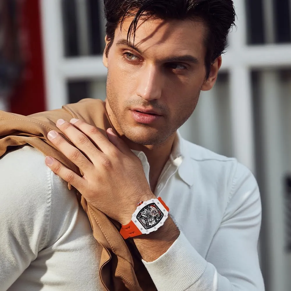 Big Face Dial Wristwatch with Silicone Strap Band Men's lady conspiracy displace Automatic Watch Tonneau Luxury Skeleton Watches for Men Mechanical 50M Waterproof Analogue Watches Mens Unique Cool Square 