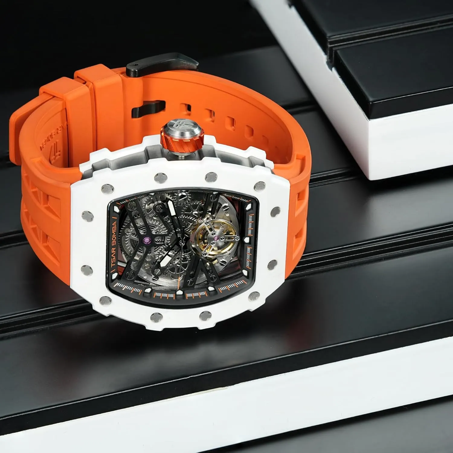 Big Face Dial Wristwatch with Silicone Strap Band Men's lady conspiracy displace Automatic Watch Tonneau Luxury Skeleton Watches for Men Mechanical 50M Waterproof Analogue Watches Mens Unique Cool Square 