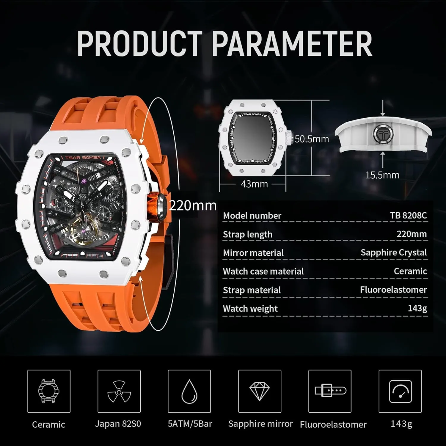 Big Face Dial Wristwatch with Silicone Strap Band Men's lady conspiracy displace Automatic Watch Tonneau Luxury Skeleton Watches for Men Mechanical 50M Waterproof Analogue Watches Mens Unique Cool Square 