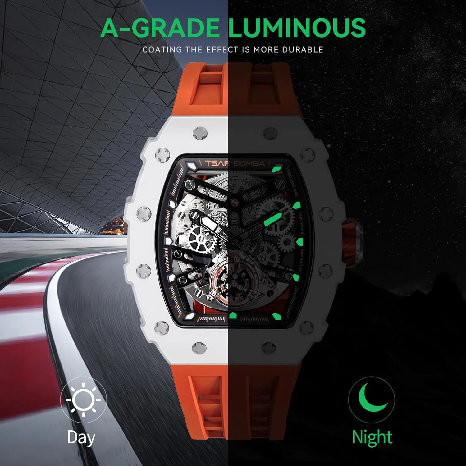 Big Face Dial Wristwatch with Silicone Strap Band Men's lady conspiracy displace Automatic Watch Tonneau Luxury Skeleton Watches for Men Mechanical 50M Waterproof Analogue Watches Mens Unique Cool Square 