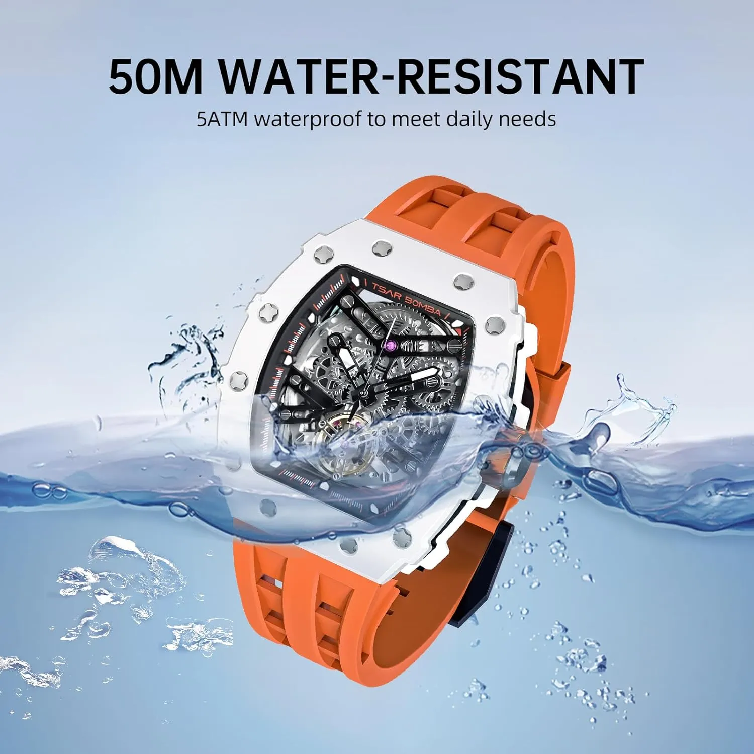 Big Face Dial Wristwatch with Silicone Strap Band Men's lady conspiracy displace Automatic Watch Tonneau Luxury Skeleton Watches for Men Mechanical 50M Waterproof Analogue Watches Mens Unique Cool Square 