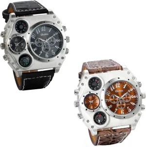 Big Face Two Time Zone Quartz Watches Leather Strap Sports Wirstwatch JewelryWe cassette Wholesale 2PCS Men's Watches 