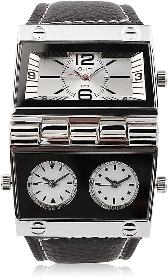 Big Face Watches with Square Dial, sorrow moist plate Genuine Leather Band - White Men's Unique Military Automatic Watches Multi Time Zone 