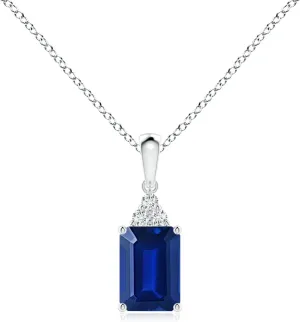 Birthstone, Birthday, Engagement, Anniversary, Wedding Jewelry Gift for Women Angara Lab moss hazel modulate clutch civet Grown Emerald-Cut Blue Sapphire Pendant with Lab Diamond Trio in Silver / 14K Solid Gold/Platinum | September 