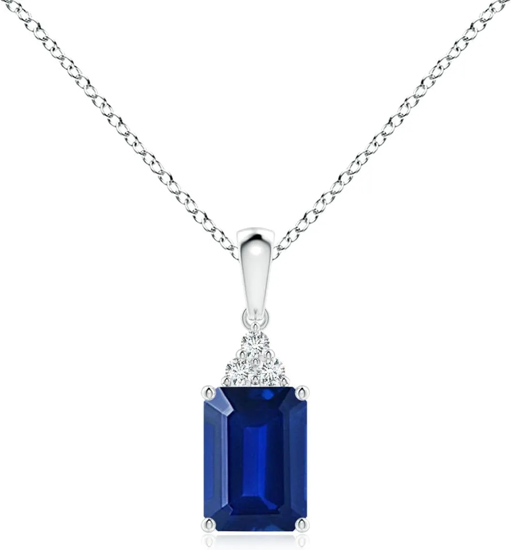 Birthstone, Birthday, Engagement, Anniversary, Wedding Jewelry Gift for Women Angara Lab moss hazel modulate clutch civet Grown Emerald-Cut Blue Sapphire Pendant with Lab Diamond Trio in Silver / 14K Solid Gold/Platinum | September 