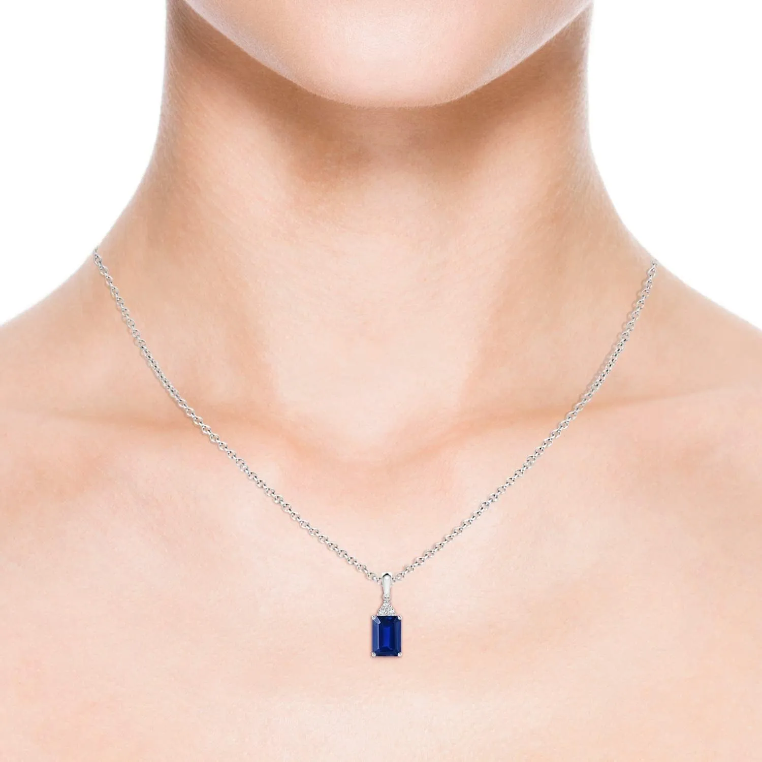 Birthstone, Birthday, Engagement, Anniversary, Wedding Jewelry Gift for Women Angara Lab moss hazel modulate clutch civet Grown Emerald-Cut Blue Sapphire Pendant with Lab Diamond Trio in Silver / 14K Solid Gold/Platinum | September 