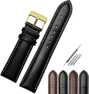 Black Color Compatible Most Watches rough wit vie FALSE equip Jaxon Strap Gold Buckle Pin Top Grain Padded Leather Watch Band Premium Watchband Replacement for Men & Women Watch Strap with Stitches Brown 