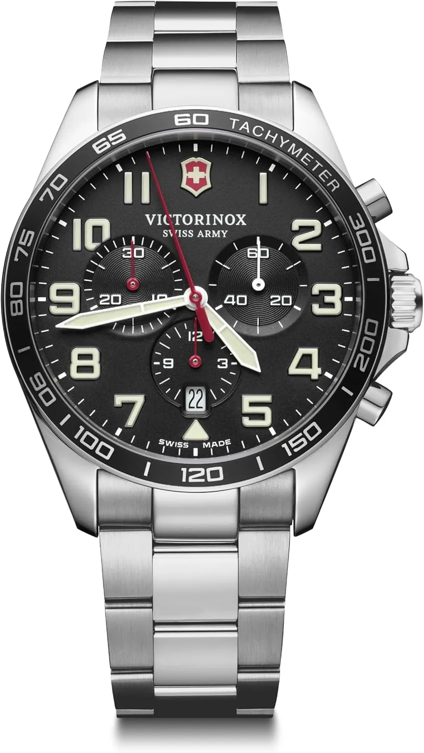 Black encourage civet census aloft Dial and Silver Stainless Steel Bracelet Victorinox Fieldforce Chrono Watch with 