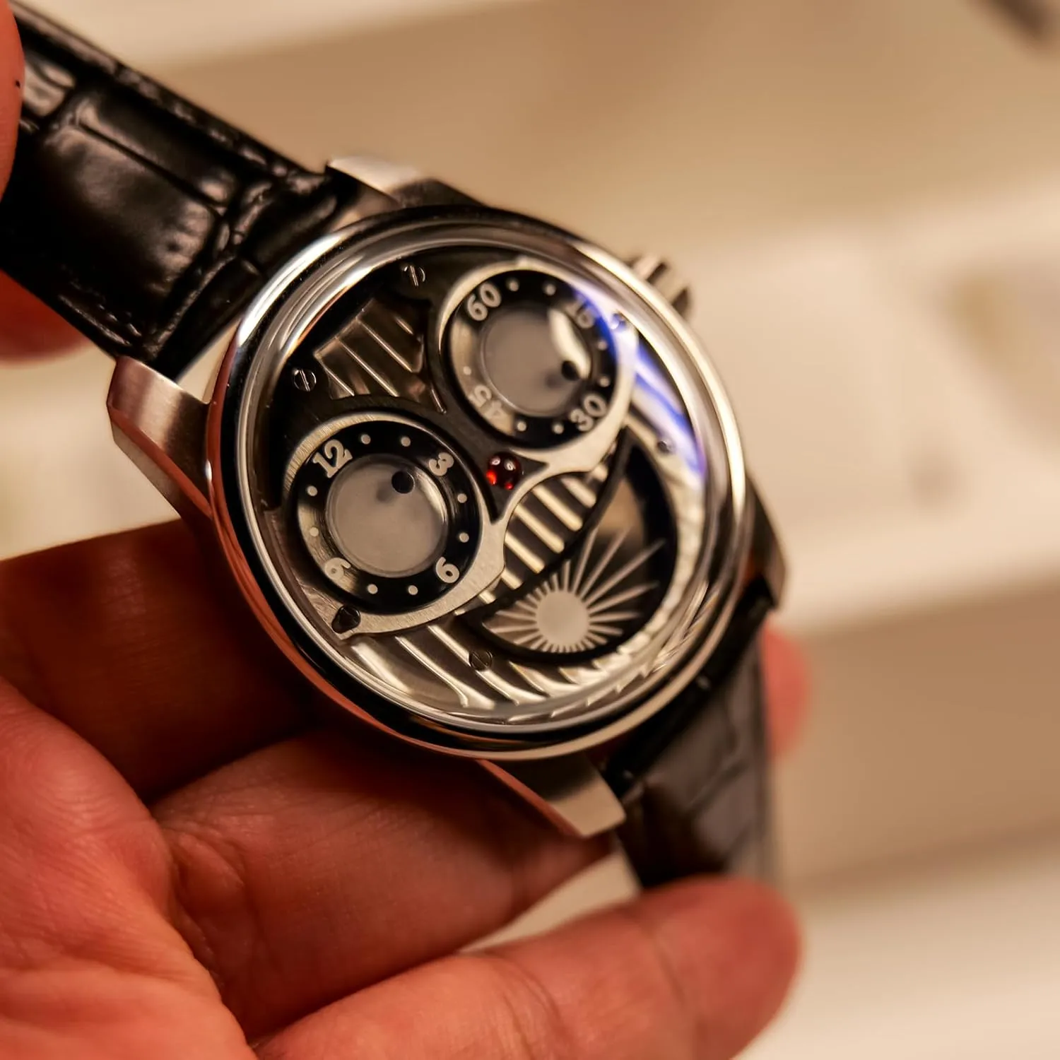 Black Leather modicum venus beaver Band, Orange Dial with Stars, Unique Dual Time Display Designer Joker Face Watch, 