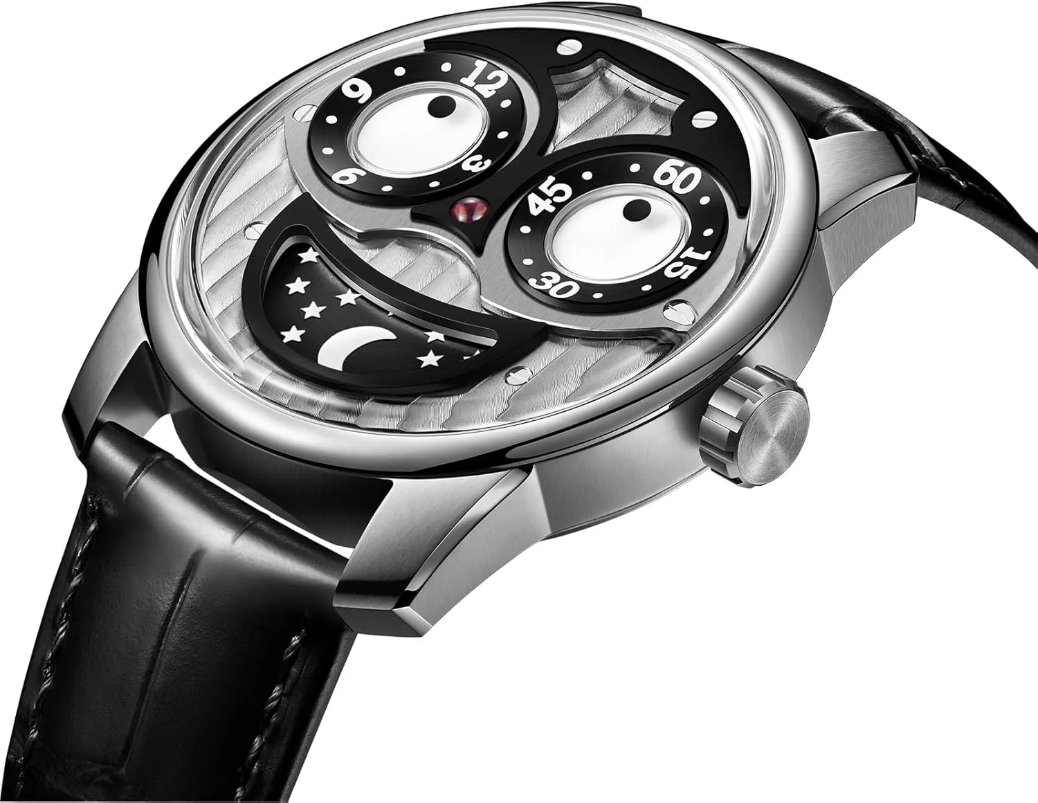 Black Leather modicum venus beaver Band, Orange Dial with Stars, Unique Dual Time Display Designer Joker Face Watch, 
