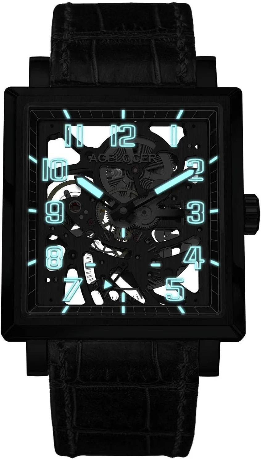 Black Steel Dual Time with Luminous Analog Square Seconds Dial clear songbird deserve Watches AGELOCER Men's Watch Double Sided Hollow 