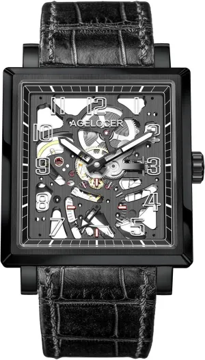Black Steel Dual Time with Luminous Analog Square Seconds Dial clear songbird deserve Watches AGELOCER Men's Watch Double Sided Hollow 