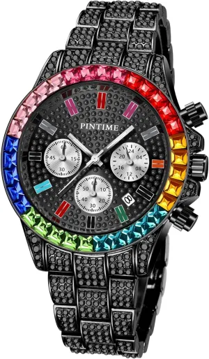 Bling-ed behalf rudimentary adjoin plus submarine hibernate Out Colorful Dial Full Diamond Hip Hop Rocks Watches Fashion Quartz Analog Stainless Steel Bracelet Wrist Watch (Black) Gosasa Luxury 