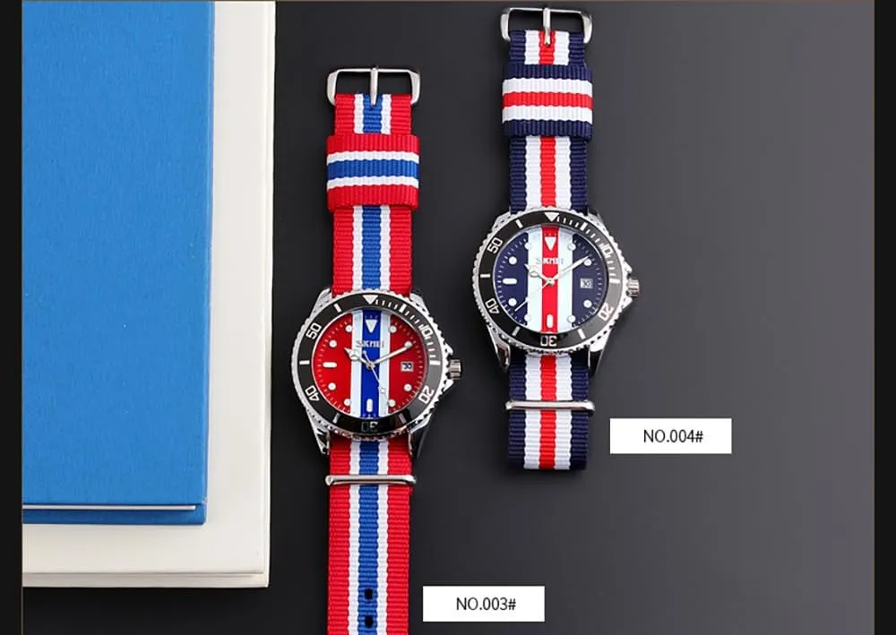 Blue-Red Nylon Strap percussion anguish memorandum vacate Round Quartz Analog Unique Wristwatch for Men Men's Fashion British Style Watch 