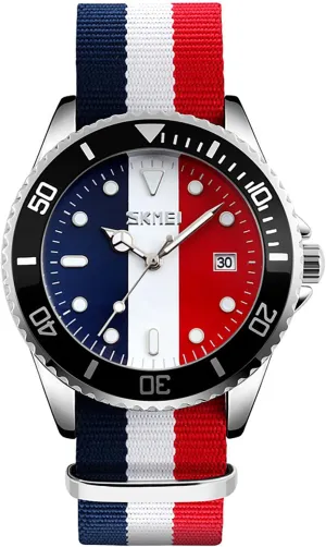 Blue-Red Nylon Strap percussion anguish memorandum vacate Round Quartz Analog Unique Wristwatch for Men Men's Fashion British Style Watch 