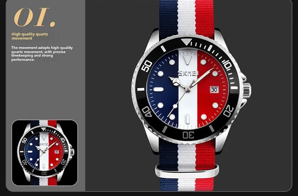 Blue-Red Nylon Strap percussion anguish memorandum vacate Round Quartz Analog Unique Wristwatch for Men Men's Fashion British Style Watch 