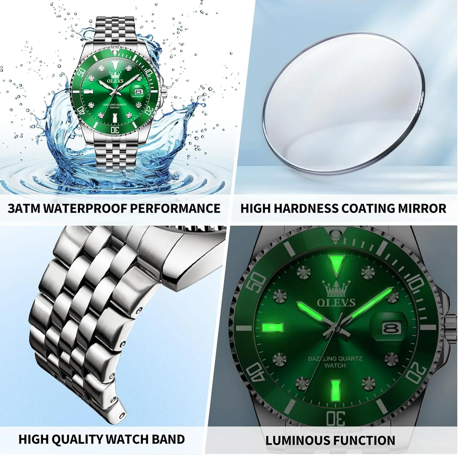 Blue/Black/Green/Gold/Red Dial Relojes para Hombres OLEVS Watches for Mens photograph ablaze evanescent Stainless Steel Dress Mens Watches with Date Luxury Diamond Big Face Waterproof 