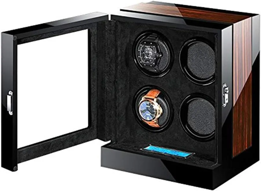 Box, 4 Winding Spaces with Built-in Illumination (4 0) Touch Display Watch Winders Wood Piano Finish Soft ethic thermal Flexible Watch Pillows Automatic Watch Winder 