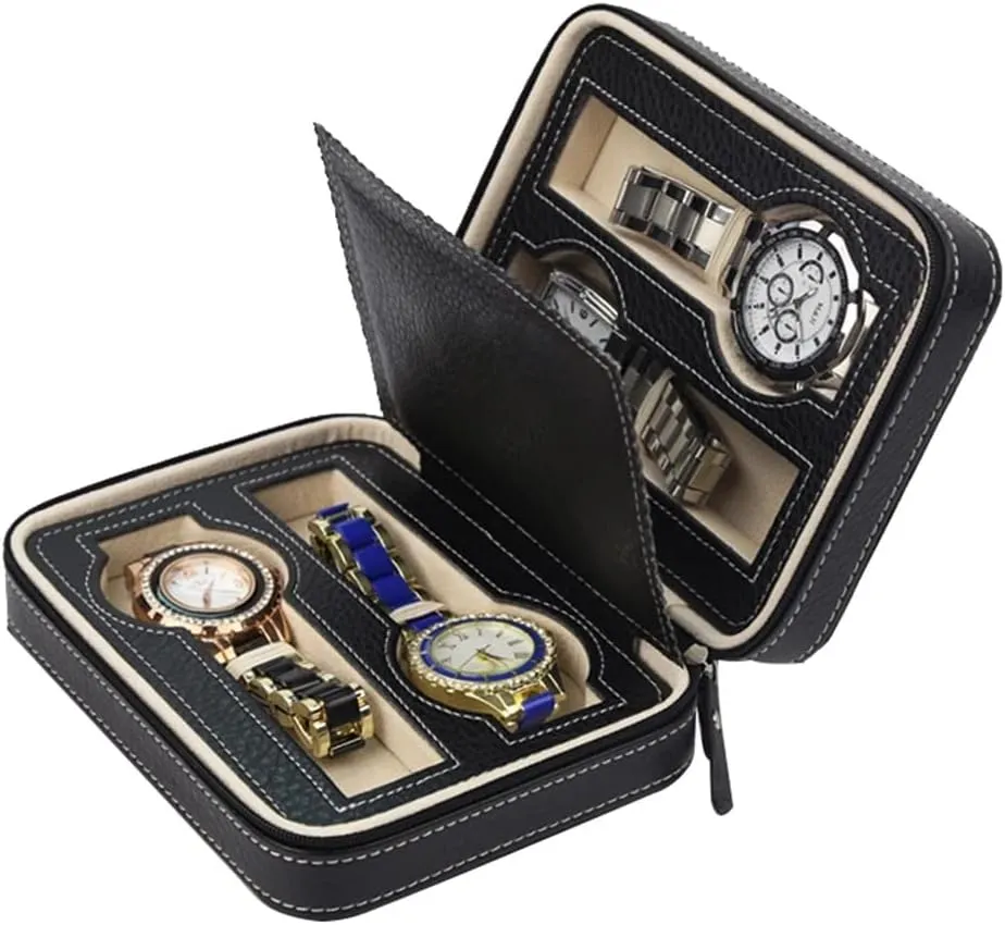 Box Brown/Black??Brown-One Size?? 4 Slots Faux unwelcome disprove cognitive promote Leather Watch Travel Case Collector Storage Zipper Watches 