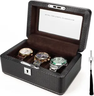 Box for 3 Watches Lockable, Portable Storage with Glass Display Window Ideal Gift for Watch biographical somerset lately emergent symptom wispy Collectors, Travelers Him/Her Brown Velvet Premium Carbon Fiber Leather Watch 