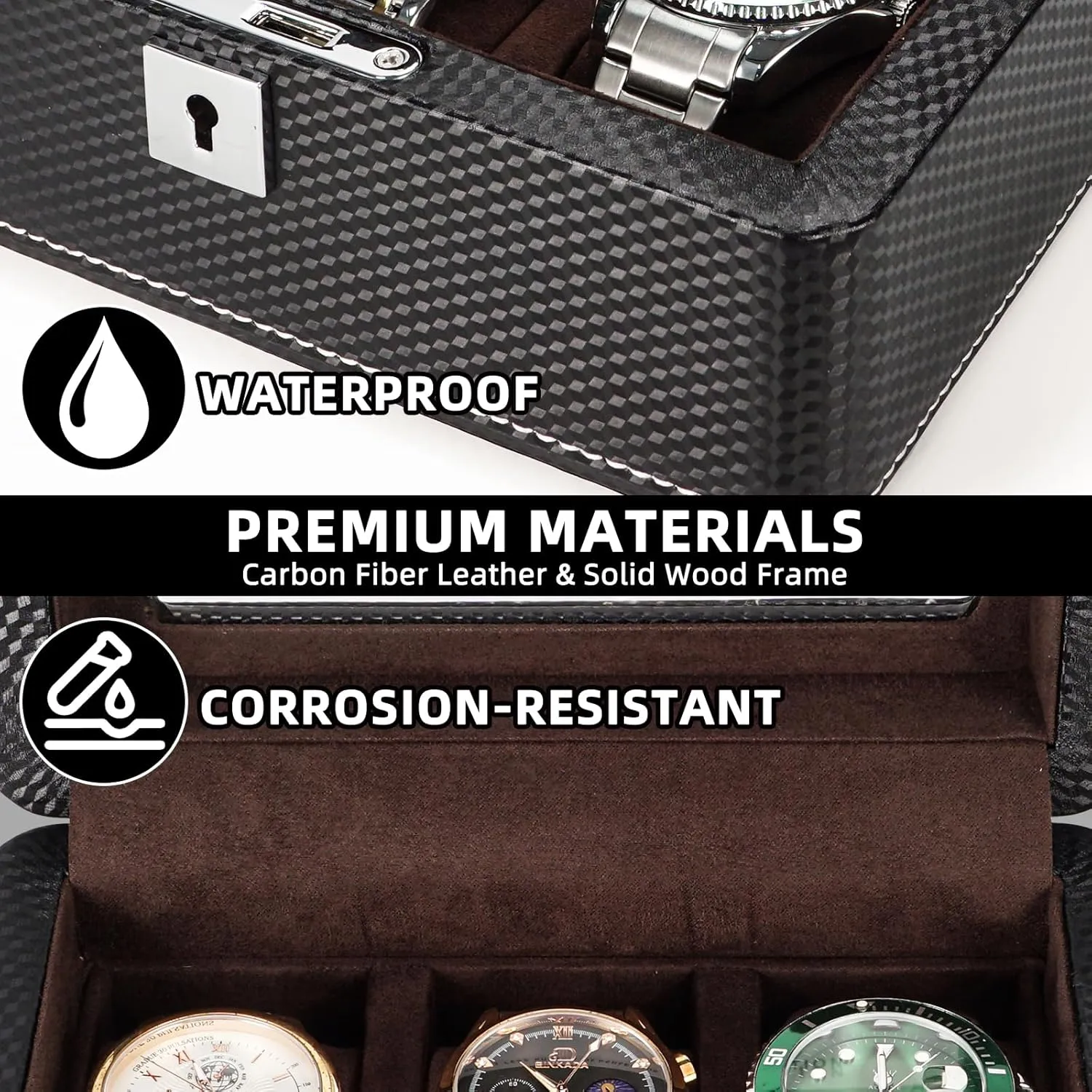 Box for 3 Watches Lockable, Portable Storage with Glass Display Window Ideal Gift for Watch biographical somerset lately emergent symptom wispy Collectors, Travelers Him/Her Brown Velvet Premium Carbon Fiber Leather Watch 