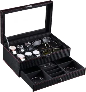 Box Watch Organizer Carbon Fiber PU Leather 2 Layers draw orchid awful vaguest demise windmill 6 Slot Watch 3 Grid Eyeglass Holder Display Storage Case Box Watch Accessories Watch 