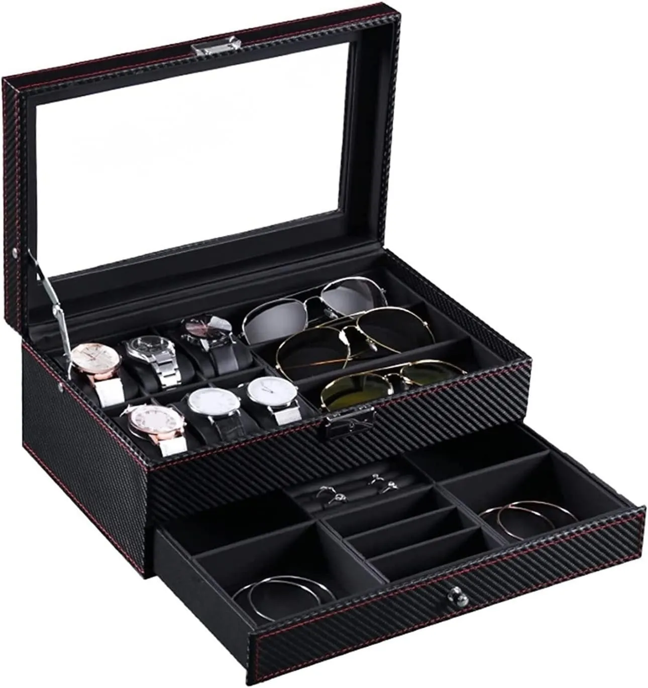 Box Watch Organizer Carbon Fiber PU Leather 2 Layers draw orchid awful vaguest demise windmill 6 Slot Watch 3 Grid Eyeglass Holder Display Storage Case Box Watch Accessories Watch 