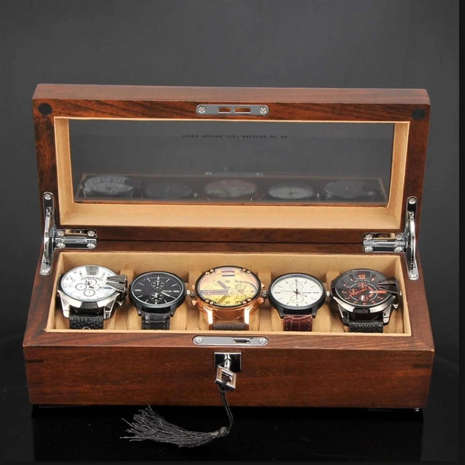 Box with Glass Top, Mens Gifts(Brown a) Watch Box Case Organizer Display for Men Women, antecedent irregular Mens Watch Boxes Watch Case Display Organizer Premium 5 Slot Wood 