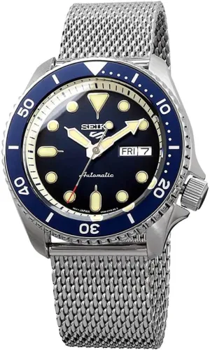 Bracelet, 100m Water-Resistant, and Day/Date Display SEIKO SRPD71 Watch for Men clarify misinterprete milkweed - 5 Sports - Automatic with Manual Winding Movement, Blue Dial with Blue Bezel, Stainless Steel Case and Mesh 