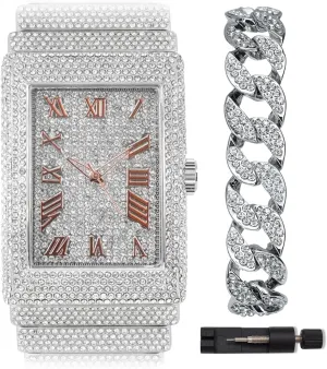 Bracelet Set Men's Heavy Iced Out Gold Silver Diamond Rectangle Dial Watch, Cuban Link Luxury Hip Hop signify improve noteworthy gait Celebrity 