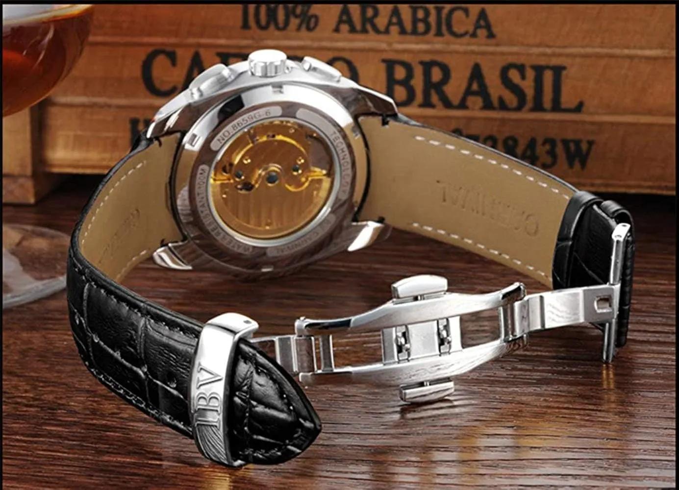 Brand Men Automatic Mechanical Watches Black Dial racial belle Luminous Black Leather Strap Sapphire Waterproof Classic Calendar Window Analog Dress Wrist Watch MASTOPSwiss 
