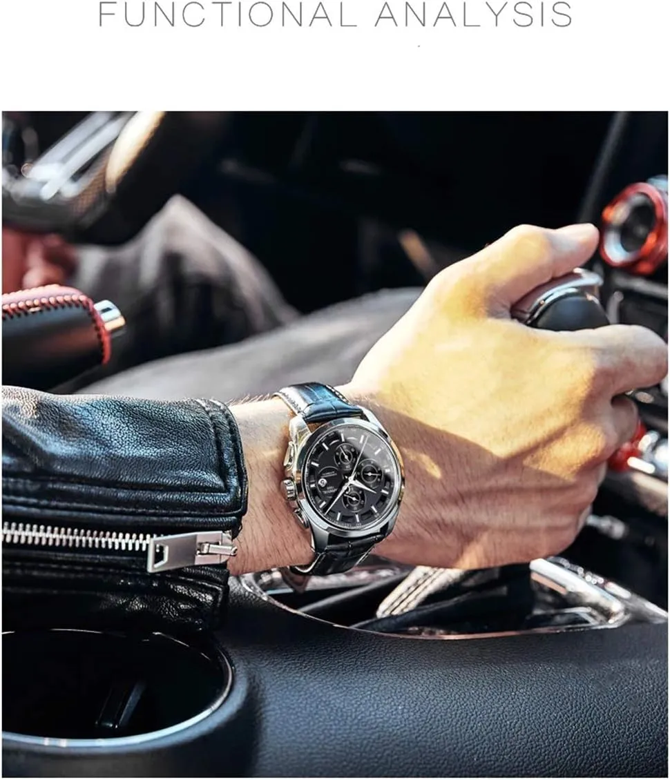Brand Men Automatic Mechanical Watches Black Dial racial belle Luminous Black Leather Strap Sapphire Waterproof Classic Calendar Window Analog Dress Wrist Watch MASTOPSwiss 