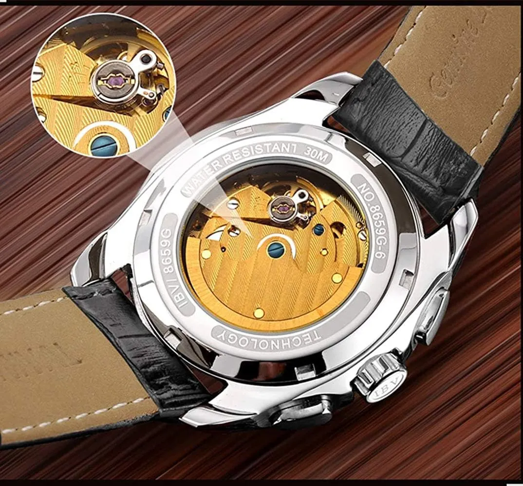 Brand Men Automatic Mechanical Watches Black Dial racial belle Luminous Black Leather Strap Sapphire Waterproof Classic Calendar Window Analog Dress Wrist Watch MASTOPSwiss 