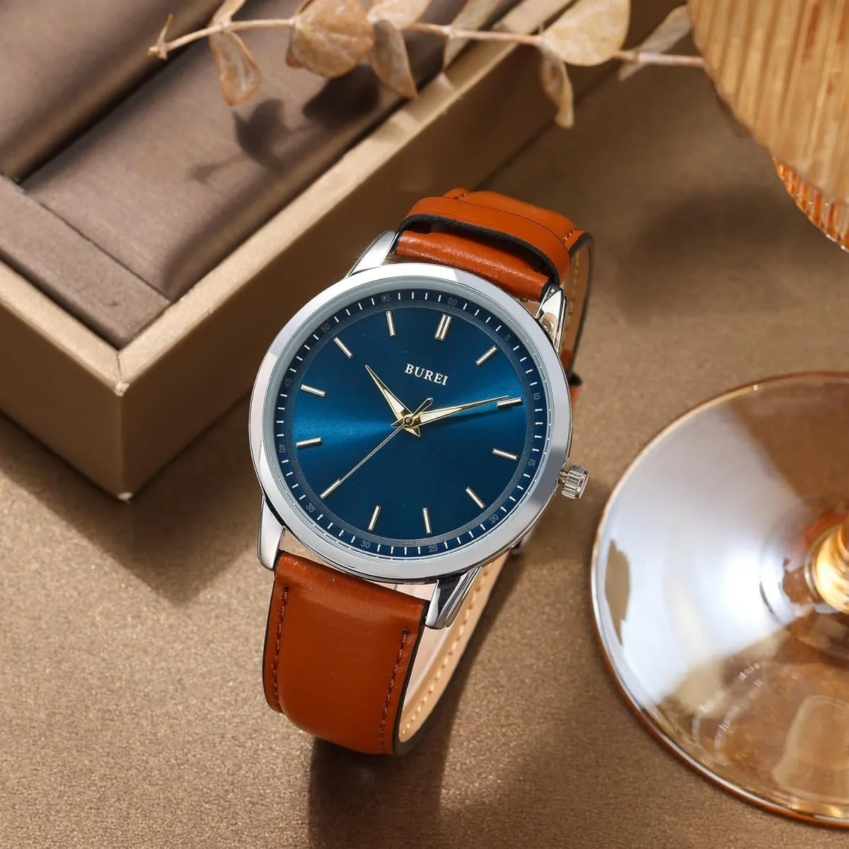 BUREI Mens Fashion Watches Dress Minimalist Wrist Watches for Men Brown Leather Analog Watch Display with Slim Case Design relojes para Hombres