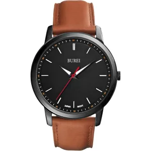 BUREI Mens Fashion Watches Dress Minimalist Wrist Watches for Men Brown Leather Analog Watch Display with Slim Case Design relojes para Hombres
