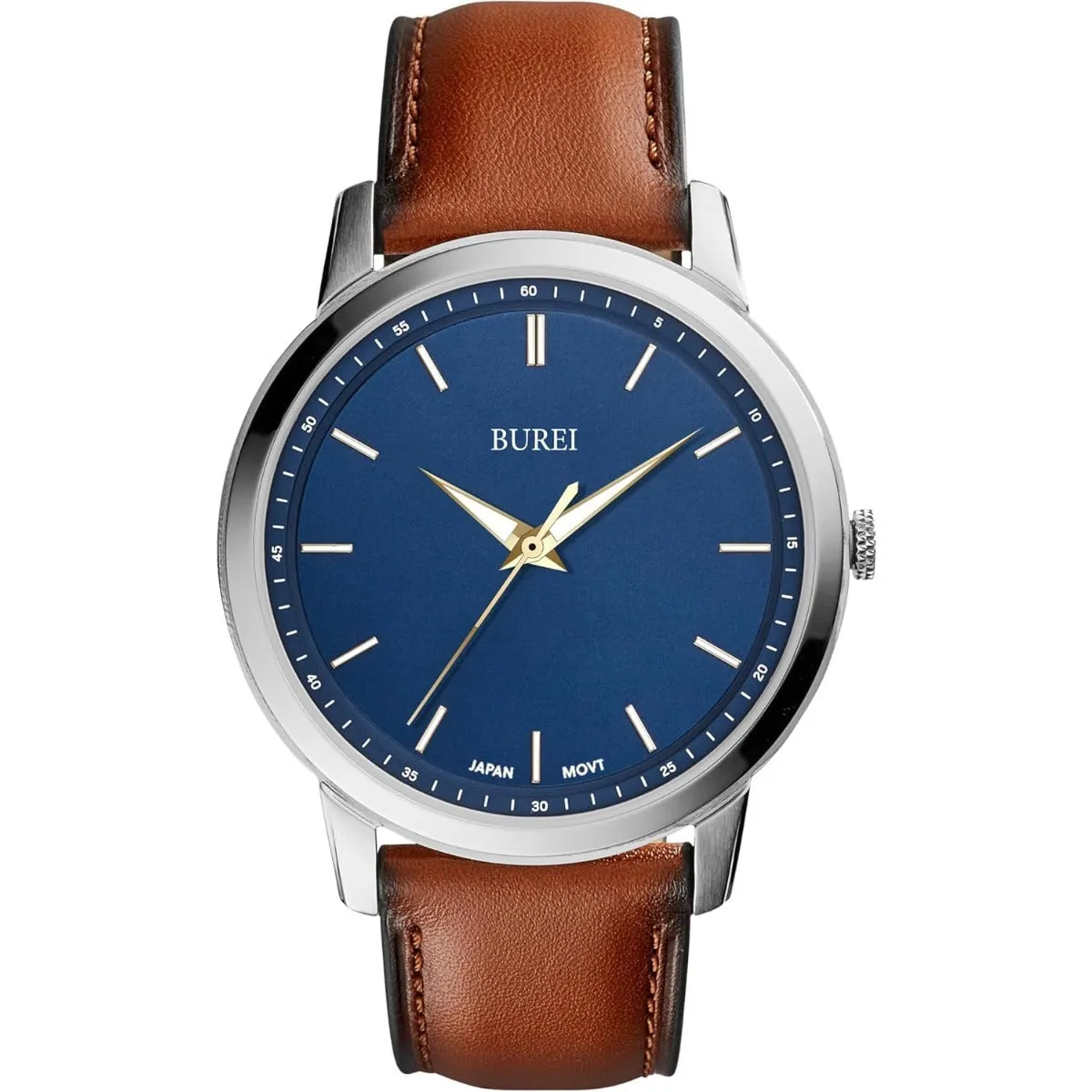 BUREI Mens Fashion Watches Dress Minimalist Wrist Watches for Men Brown Leather Analog Watch Display with Slim Case Design relojes para Hombres