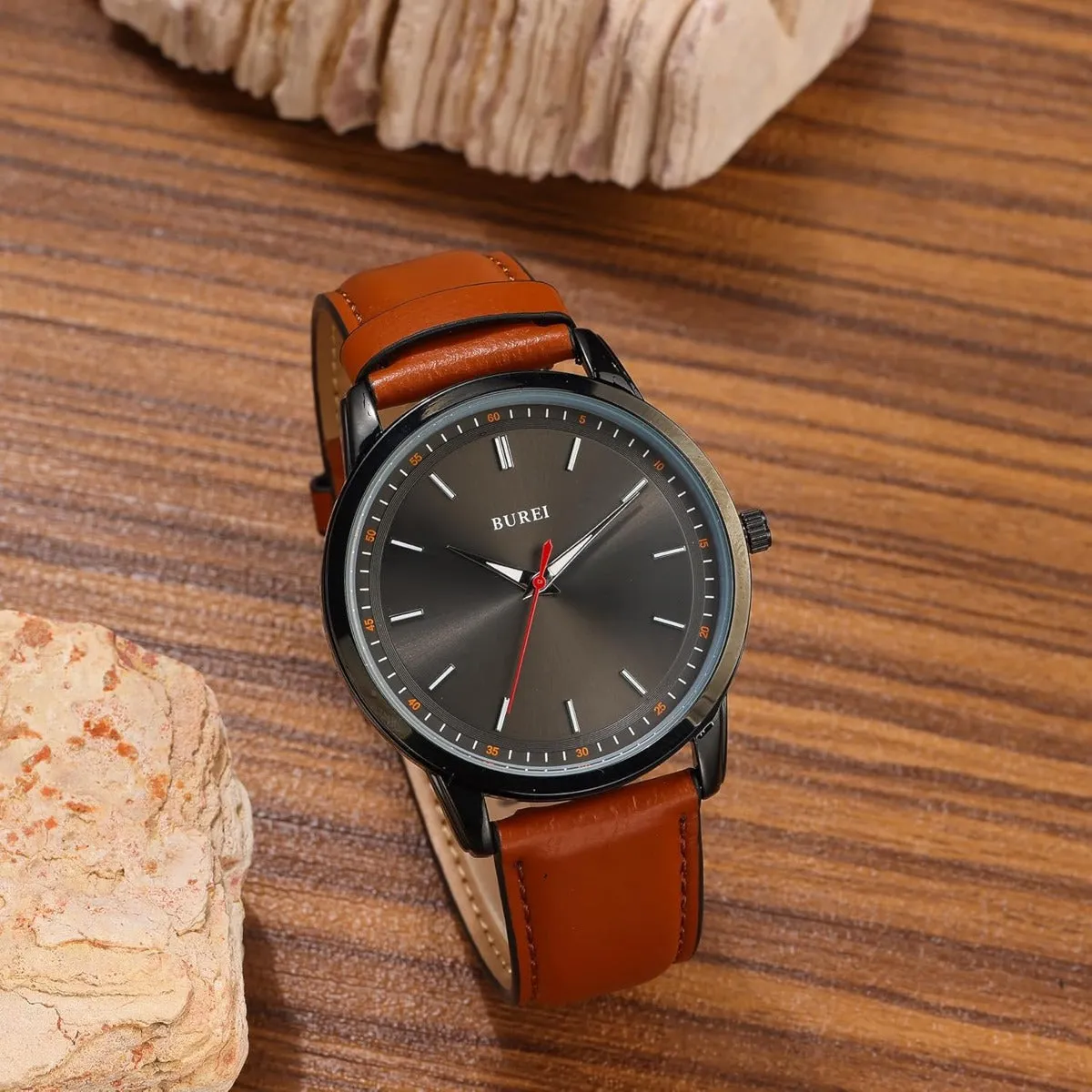 BUREI Mens Fashion Watches Dress Minimalist Wrist Watches for Men Brown Leather Analog Watch Display with Slim Case Design relojes para Hombres