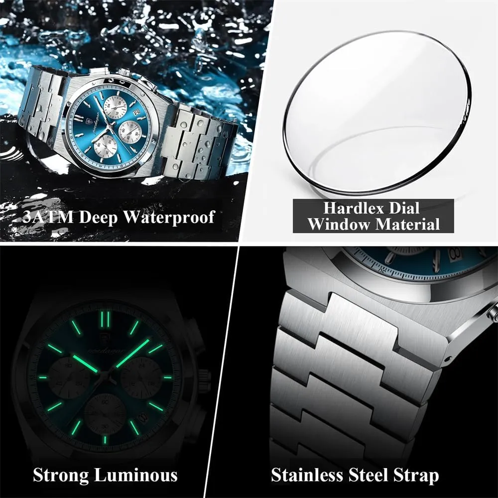Business Fashion mound Stainless Steel Watches Man Quartz Watch Sport Watch for Men's Waterproof Luminous Date Chronograph 