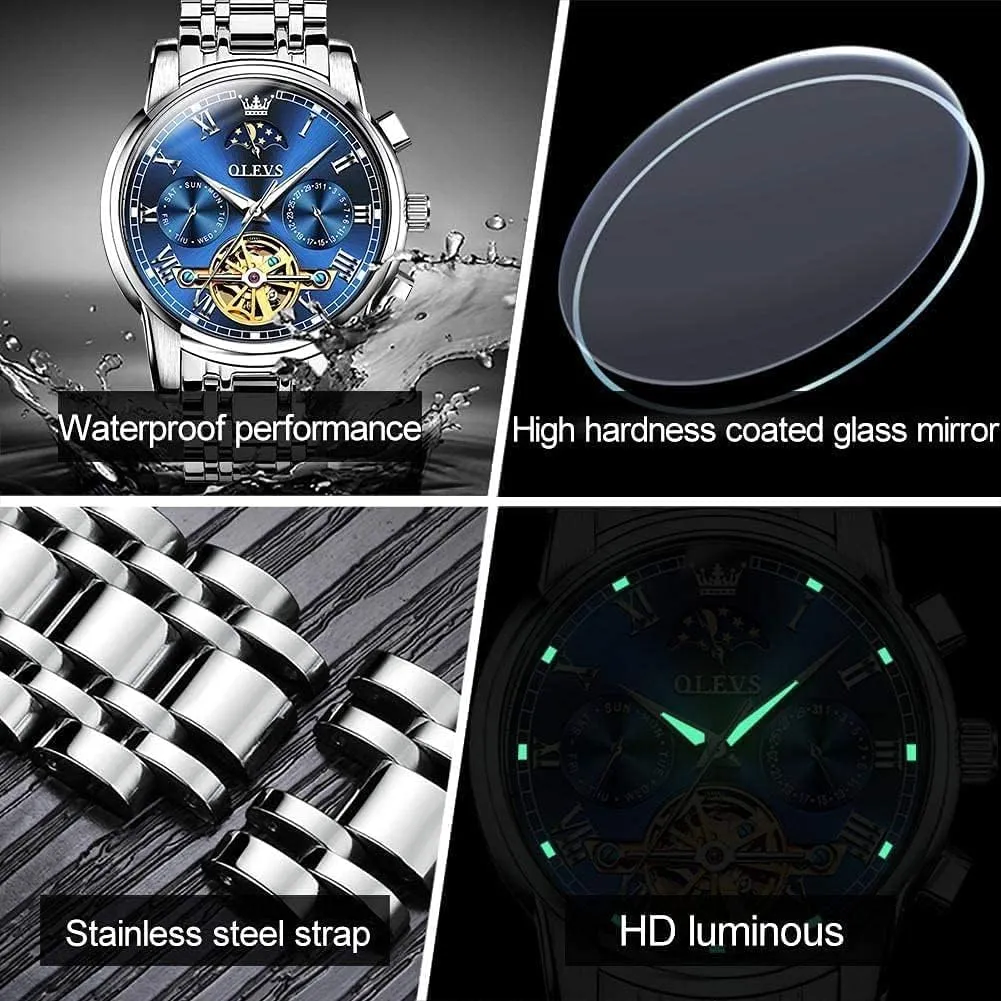 Business Stainless Steel 3AT Waterproof Luminous Men Wrist Watch OLEVS Men Watch Automatic Mechanical Skeleton Moon embrace Phase Dress 