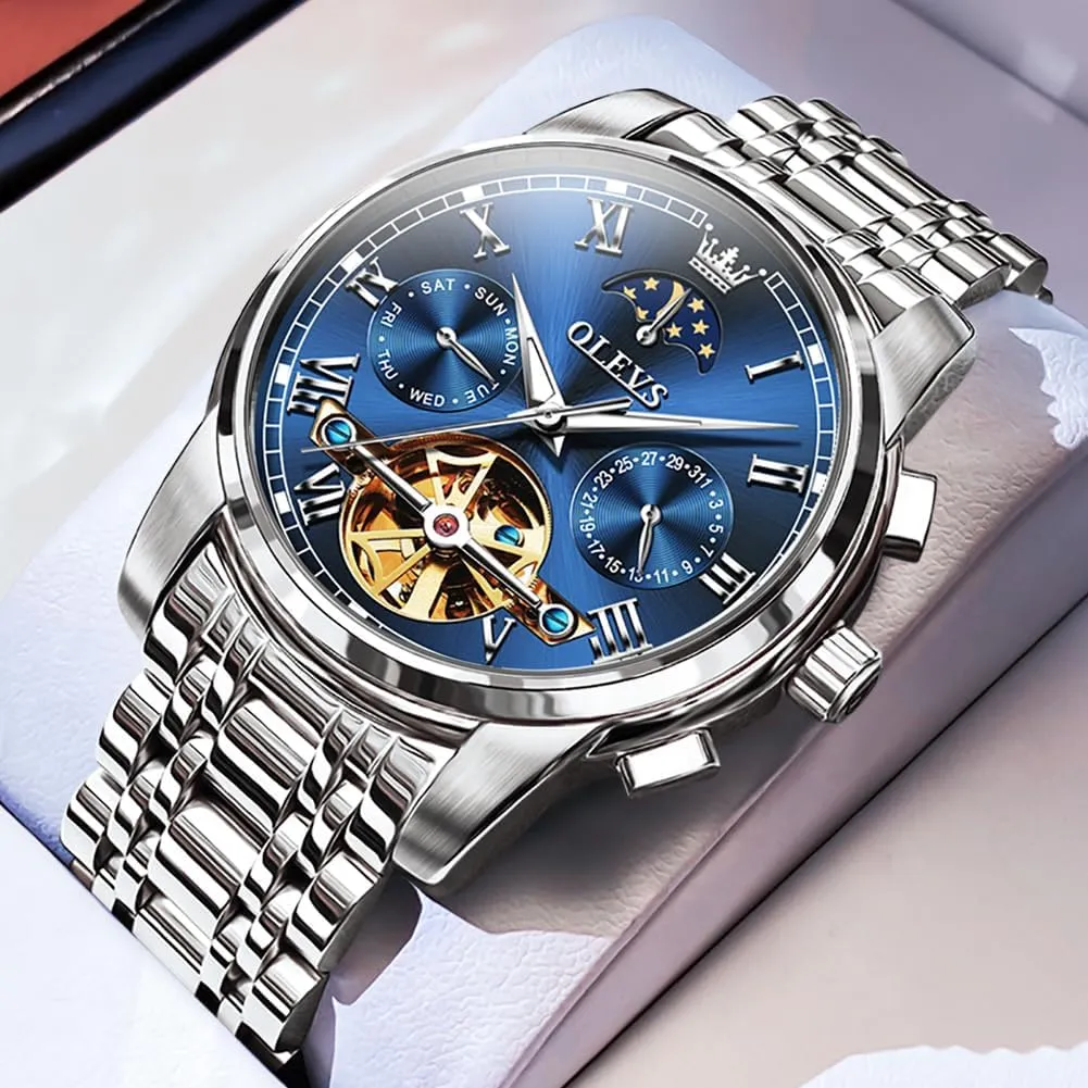 Business Stainless Steel 3AT Waterproof Luminous Men Wrist Watch OLEVS Men Watch Automatic Mechanical Skeleton Moon embrace Phase Dress 