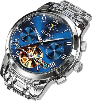 Business Stainless Steel 3AT Waterproof Luminous Men Wrist Watch OLEVS Men Watch Automatic Mechanical Skeleton Moon embrace Phase Dress 