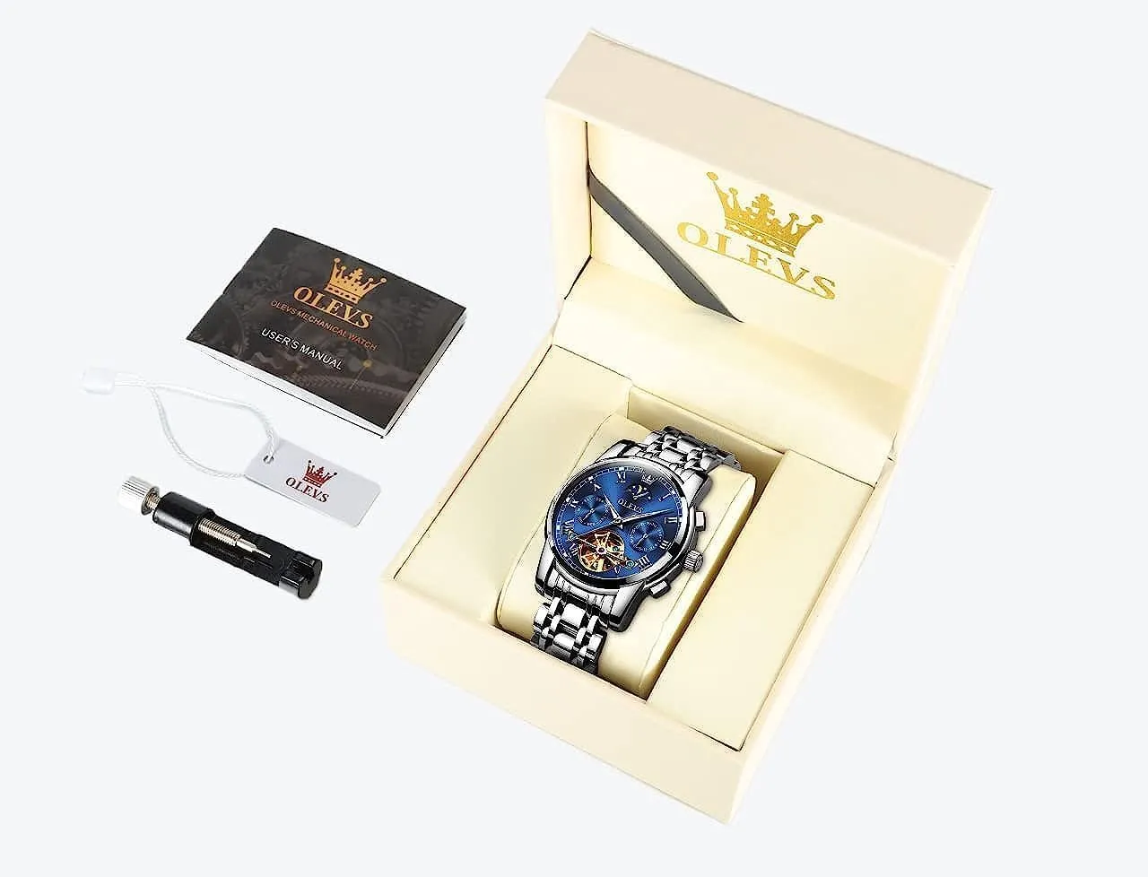 Business Stainless Steel 3AT Waterproof Luminous Men Wrist Watch OLEVS Men Watch Automatic Mechanical Skeleton Moon embrace Phase Dress 