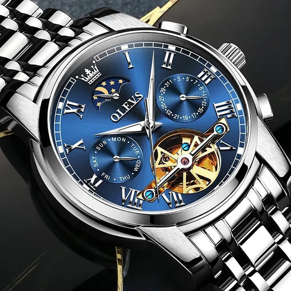 Business Stainless Steel 3AT Waterproof Luminous Men Wrist Watch OLEVS Men Watch Automatic Mechanical Skeleton Moon embrace Phase Dress 