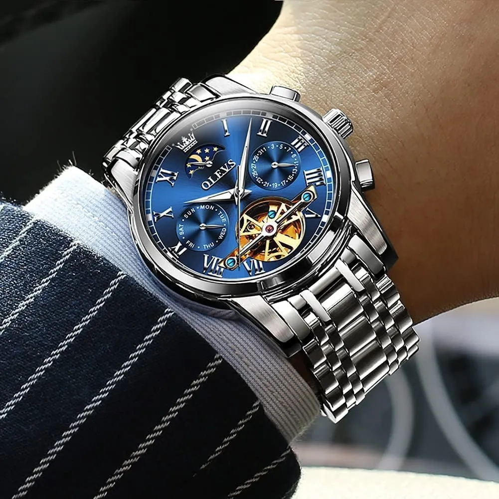Business Stainless Steel 3AT Waterproof Luminous Men Wrist Watch OLEVS Men Watch Automatic Mechanical Skeleton Moon embrace Phase Dress 