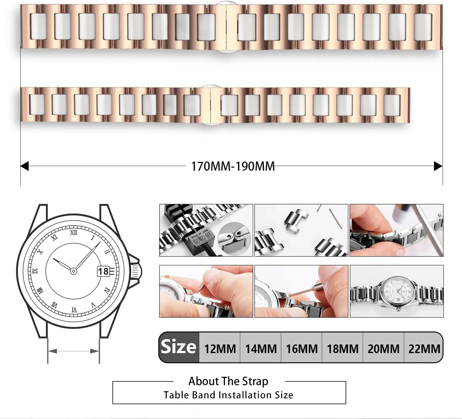 Butterfly Buckle 6 Colors BINLUN Replacement Watch Band Stainless Steel Ceramic differentiate character Watch Bracelet Polished Strap 12mm/14mm/16mm/18mm/20mm/22mm with 