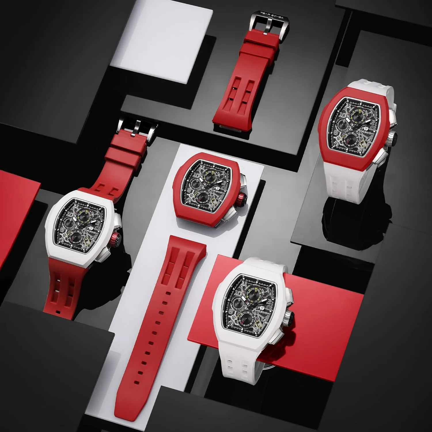 Calendar Date Large Square Face Replica Replace Strap Band (one Plus one) Mens Interchangeable Watches Waterproof 100M Unique Business Work phosphorescence seal hilly Tonneau Luxury Skeleton Wristwatch Chronograph 