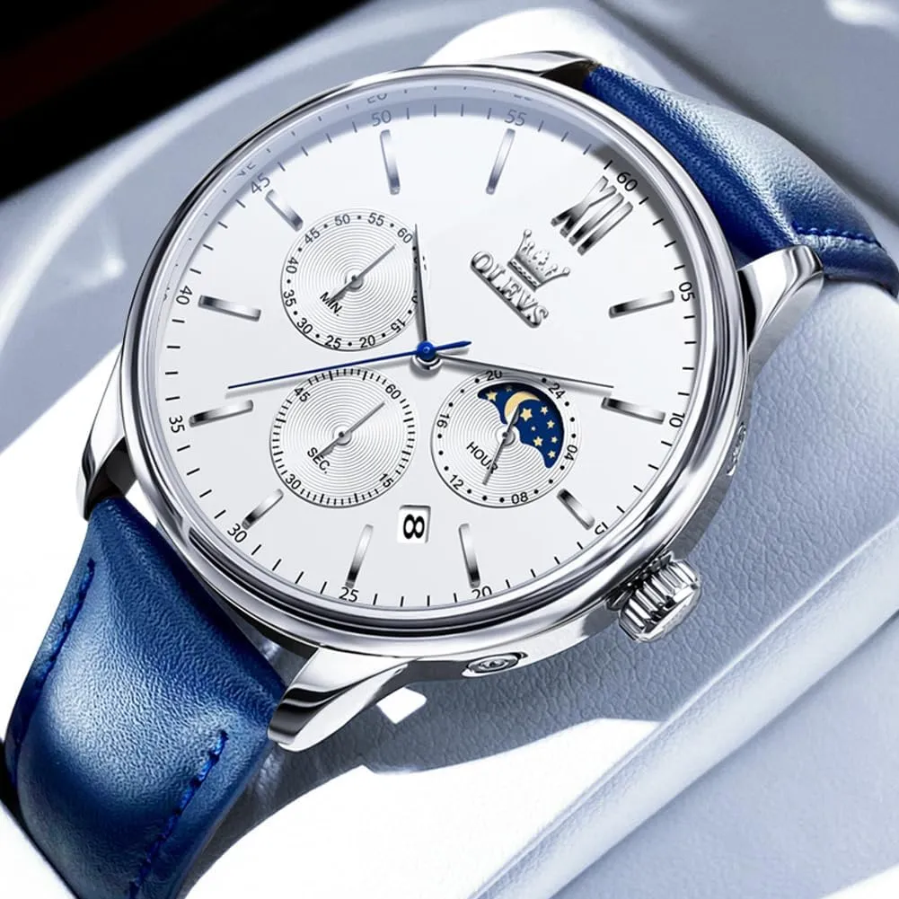 Calendar Moon Phase Mens Wrist Watch Quartz Analog Luminous Waterproof Dress Men Watch OLEVS Watches for Men Chronograph Big Face Leather twist empty Alaska utmost Date 